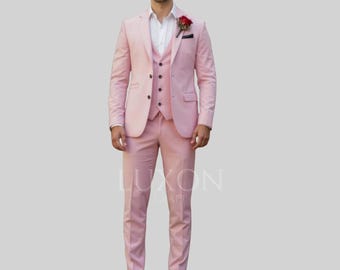 メンズ ピンク 3ピーススーツ – スリムフィット 結婚式・フォーマル メンズ ピンク 3ピーススーツ – スリムフィット 結婚式・フォーマル