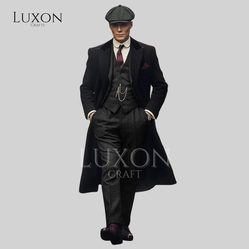 Men's Classic Trench Coat & 3-Piece Tweed Suit Set | Peaky Blinders Style | Wool Tweed Formal Wear