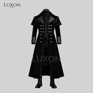 Men’s Gothic Victorian Tailcoat | Black Velvet Vampire Coat with Leather Cuffs & Straps | Steampunk Jacket | Handmade Custom Long Coat