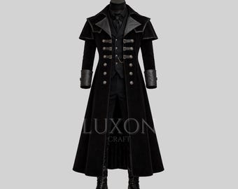 Men’s Gothic Victorian Tailcoat | Black Velvet Vampire Coat with Leather Cuffs & Straps | Steampunk Jacket | Handmade Custom Long Coat