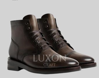 Handmade Dark Jasper Leather Cap‑Toe Boots – Custom Goodyear‑Welted Work Boots for Men