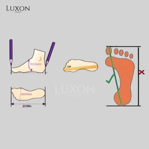 Może przedstawiać: Schemat ilustrujący techniki pomiaru st&oacute;p. Obraz przedstawia kontury st&oacute;p z liniami pomiarowymi, oł&oacute;wkami i etykietami tekstowymi. Logo Luxon Crafts znajduje się w lewym g&oacute;rnym i dolnym środkowym rogu.