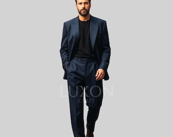 Terno masculino azul-marinho de abotoamento duplo sob medida • Roupa formal sob medida