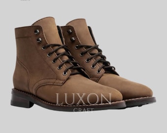 Handmade Plain‑Toe Leather Work Boots – Custom Men’s Lace‑Up Goodyear‑Welt Boots