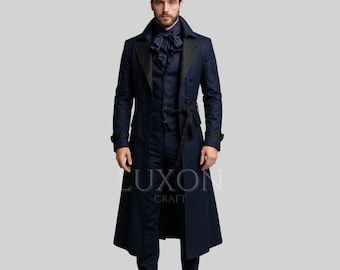 Marineblauwe steampunk-rok | Gotische Victoriaanse herenjas, op maat gemaakt