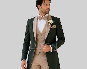 Mens Green Wedding Suit, Forest Green Long Coat, Beige 3 Piece Groom Suit, Green Tuxedo Men, Formal Wedding Suit, Custom Groom Outfit