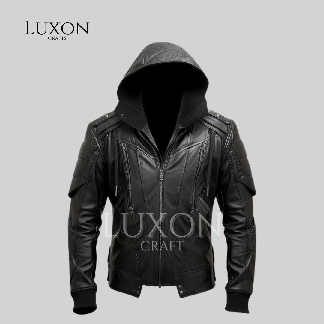 メンズ ブラック 本革 バイカージャケット - フード付き モトスタイル