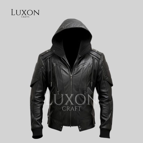 メンズ ブラック 本革 バイカージャケット - フード付き モトスタイル