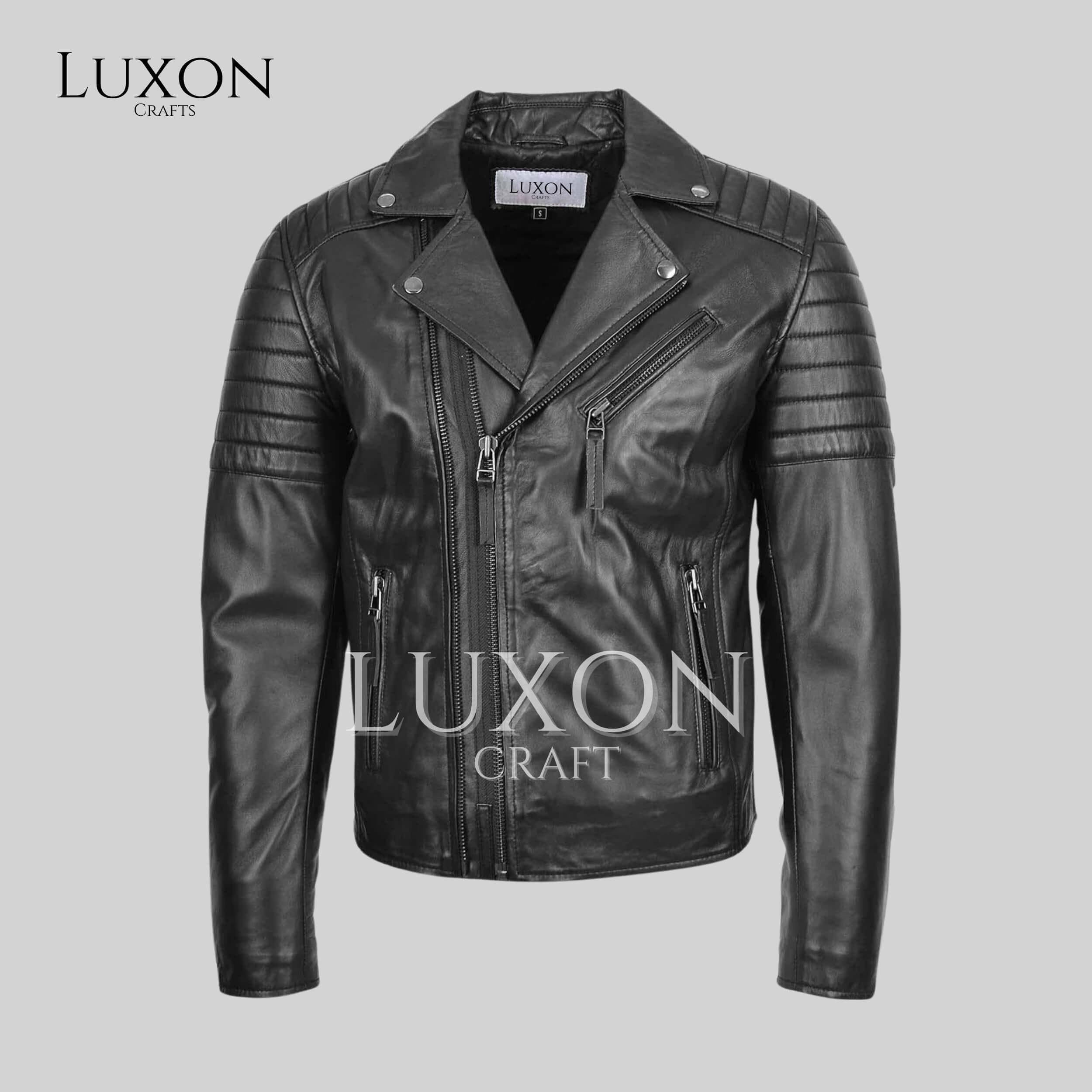 メンズ ブラックレザーバイカージャケット - ダブルジッパー付き