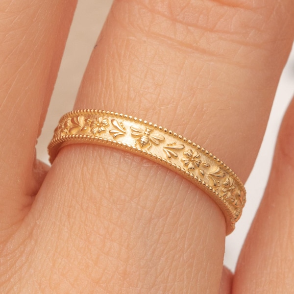 Alliance abeille en or, bague destinée aux abeilles, bague d'éternité douce comme du miel, cadeau d'anniversaire unique pour elle, or massif 10 carats 14 carats ou 18 carats