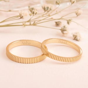 Minimalist Couple Rings, Solid Gold Matching Bands, Slim Ribbed Gold Ring, Elegant Anniversary Stacking Jewelry