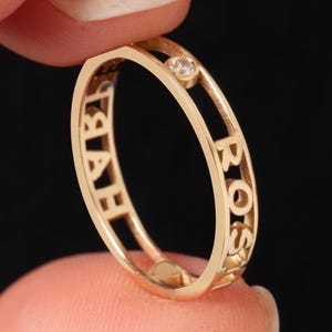 Custom Name Ring with Diamond or Heart, Solid Gold Cut Out Band, 10k 14k 18k Solid Gold Personalized Ring Gift for Mom, Gift for Her/Him
