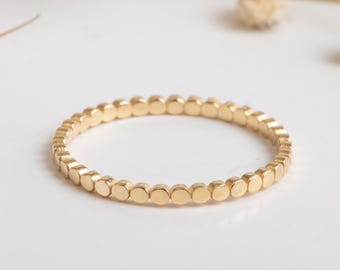 Flat Bead Solid Gold Ring – Minimalist Beaded Band in 10k 14k 18k, Stackable Everyday Gold Ring, Modern Flat Round Beads Ring for Her or Him