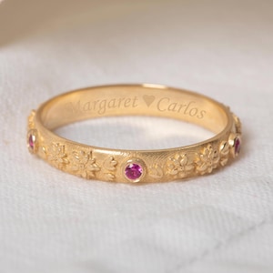 ルビーCZ付きロータス誕生花リング：10K/14K/18Kソリッドゴールド3mm 7月用バンド