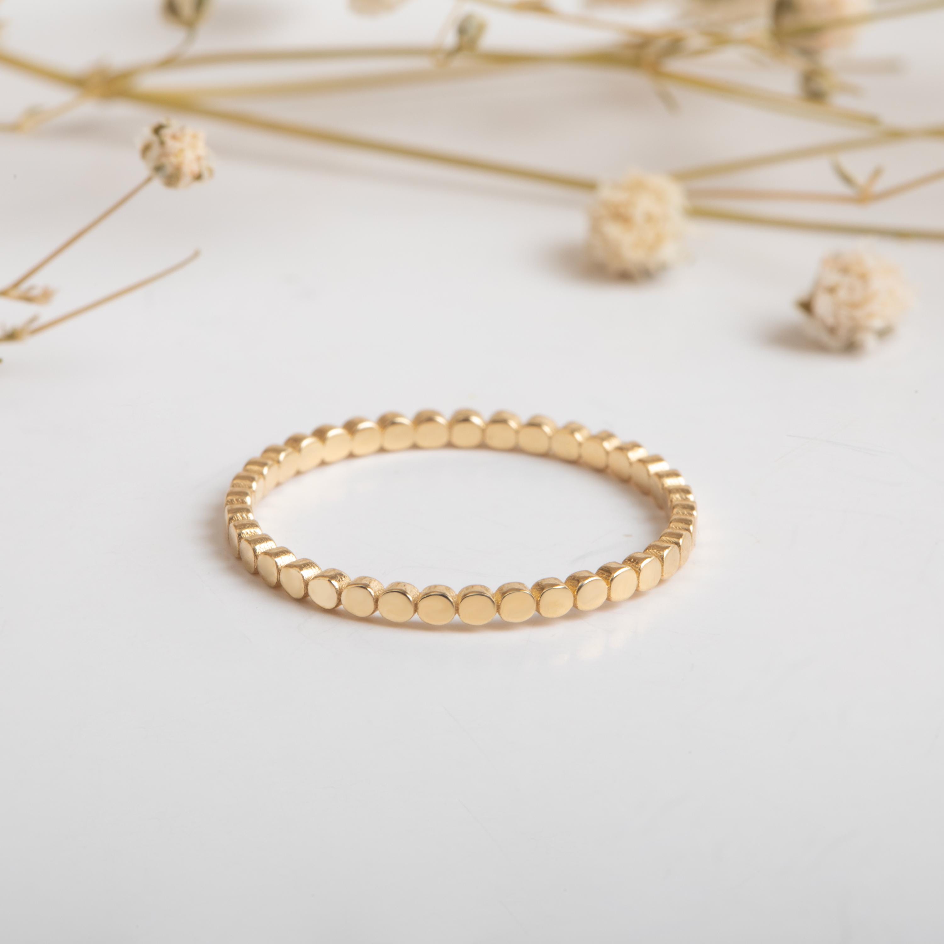 Flat Bead Solid Gold Ring – Minimalist Beaded Band in 10k 14k 18k, Stackable Everyday Gold Ring, Modern Flat Round Beads Ring for Her or Him