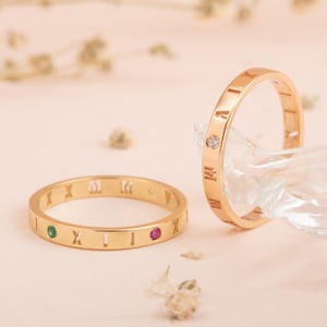 Roman Numeral Cut-Out Birthstone Ring – Personalized Solid Gold Custom Date Band in 10k 14k 18k