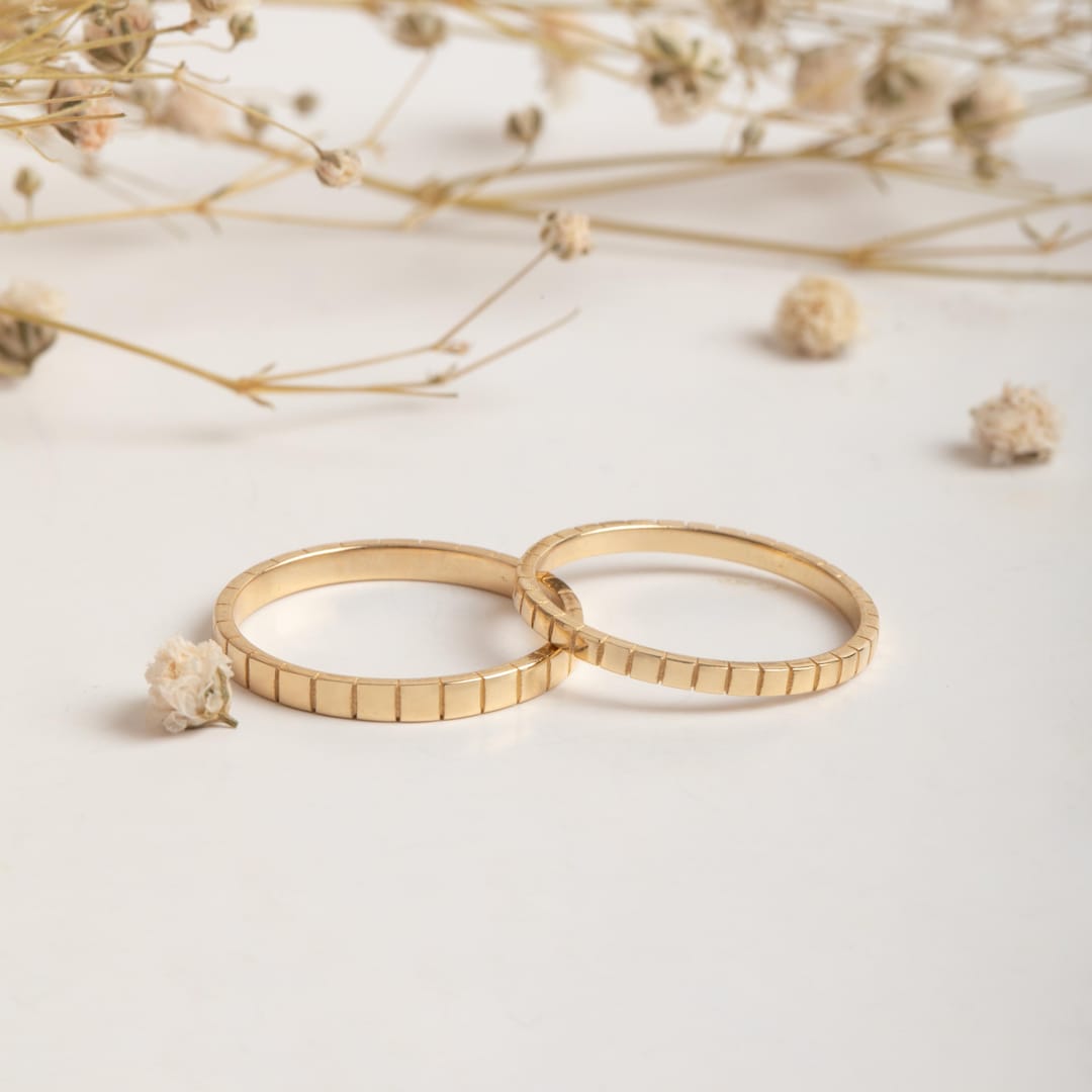 Textured Block Band Gold Ring, Minimalist Notched Band in 1.2mm 1.5mm ...