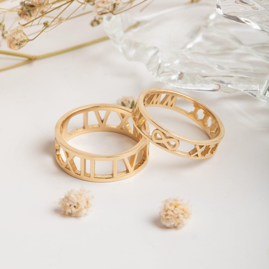 Matching Couple Rings, Solid Gold Cut-out Symbol Bands, Geometric Heart ...
