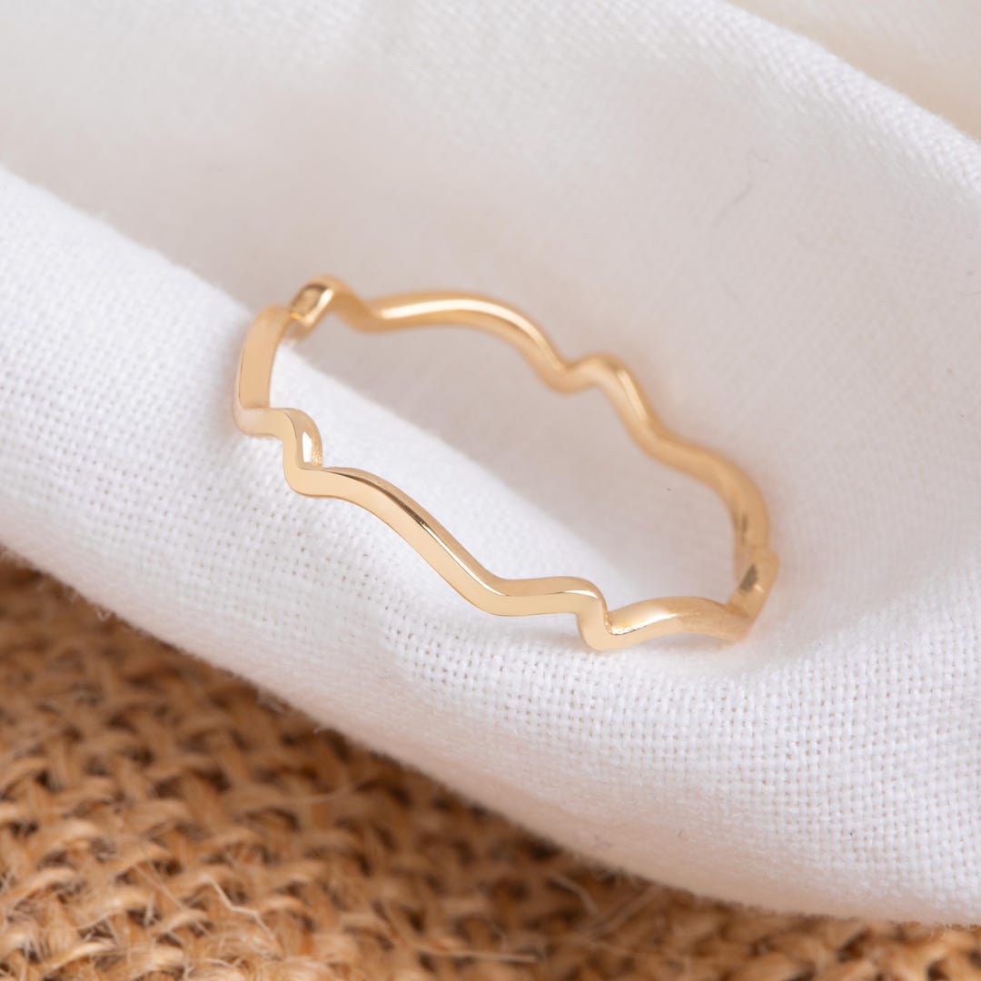Wavy Solid Gold Ring • 2mm Organic Contour Band • Minimalist Stacking ...