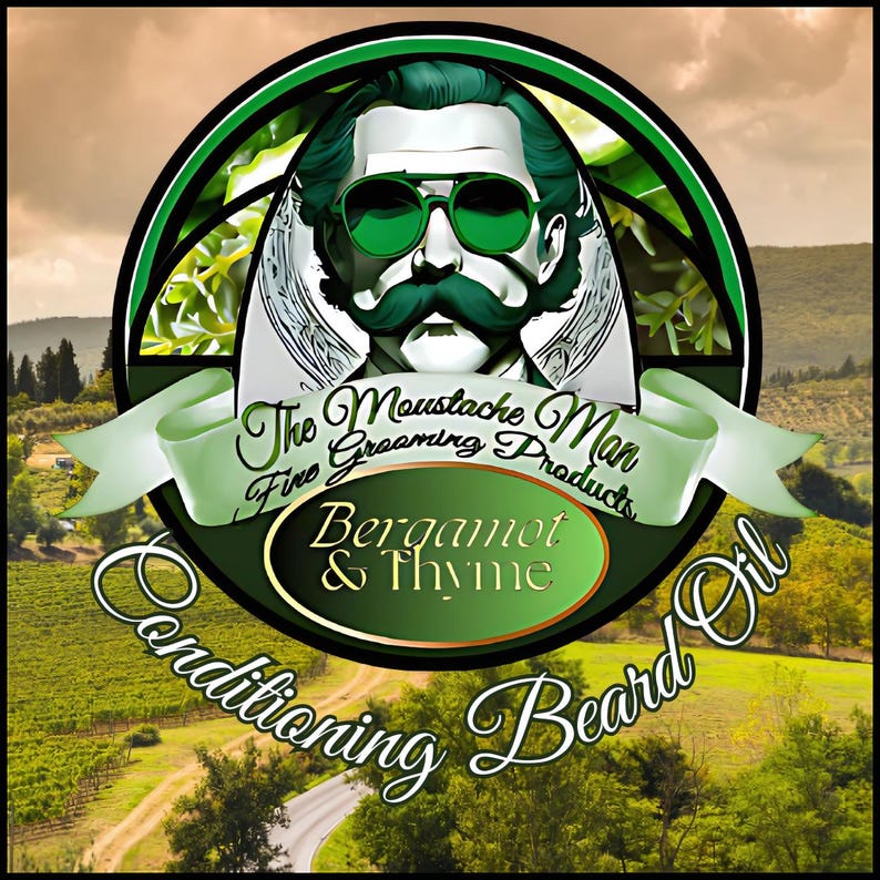 May include: A green and gold logo with a cartoon man wearing sunglasses and a mustache. The logo says "The Moustache Man Fine Grooming Products Bergamot & Thyme Conditioning Beard Oil".