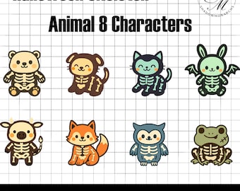 ハロウィンのスケルトン動物 PNG バンドル: 8 つのかわいいクリップアート (デジタルダウンロード)