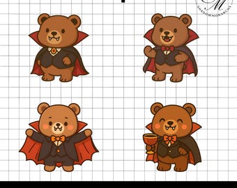 ハロウィンの吸血鬼クマのクリップアート：不気味なPNGバンドル（デジタルダウンロード）
