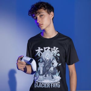 Glacier Fang T-Shirt – Ice Wolf Anime Shirt – Japan Streetwear – Oversize Organic Cotton – Gift for Otakus – Ice Warrior Look