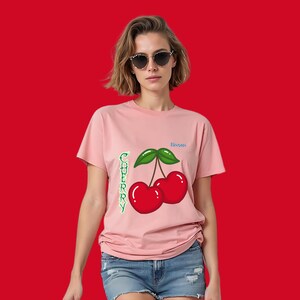 Cherry Bisous Women&#39;s Organic T-Shirt – Cherry Print Statement Shirt | 100% Organic Cotton | Gift Idea Summer Fashion