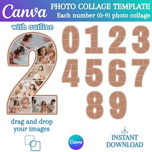 Fotokollage med siffror, med kontur, CANVA-mall, redigerbart fotokollage, från 0 till 9, perfekt för födelsedagar, årsdagar, redigerbar i CANVA