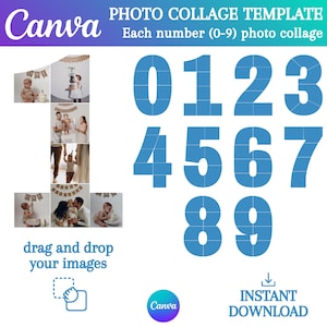 Puede incluir: Una plantilla de collage de fotos de Canva con el texto "PHOTO COLLAGE TEMPLATE" y "Each number (0-9) photo collage". Los números 0-9 se muestran en azul. La plantilla incluye fotos de muestra y el texto "drag and drop your images".
