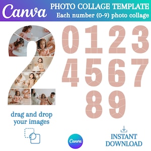 Puede incluir: Una plantilla de collage de fotos de Canva con los números 0-9 en un tono rosa suave. El número 2 está lleno de fotos de una celebración de cumpleaños infantil. La plantilla incluye el texto "arrastra y suelta tus imágenes" y "descarga instantánea".