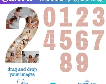 Number photo collage, CANVA template, editable photo collage, from 0 to 9, Ideal for birthdays, anniversaries, CANVA editable, numbers