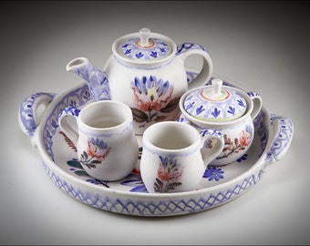 Ceramic Tea Set - Red White and Blue  -  Wheel thrown and Hand Painted by Boris Vitlin (GMB)