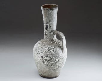 Long Neck Vase with Handle - White on Dark Chocolate - Ceramic Art by Boris Vitlin (catalog #16, GMB)