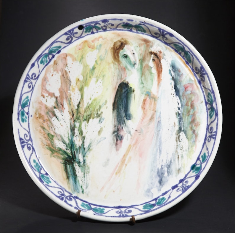 Handmade and Hand Painted by Boris Vitlin Wedding Couple with Flowers Majolica Ceramic Plate