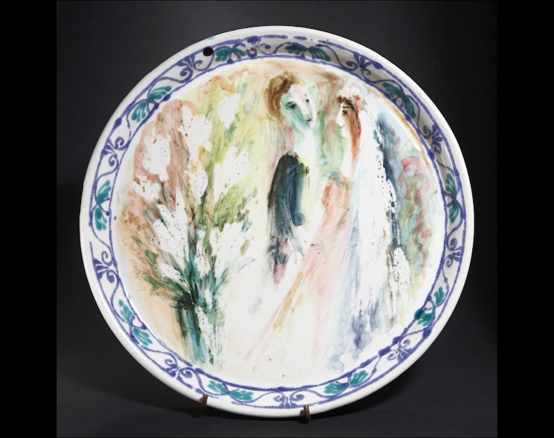 Handmade and Hand Painted by Boris Vitlin Wedding Couple with Flowers Majolica Ceramic Plate