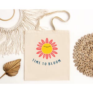 Time to Bloom Cotton Canvas Tote Bag, Floral Shopping Bag, EcoFriendly Gift, Reusable Grocery Tote, Spring Celebration, Trendy aesthetic bag