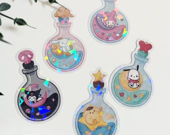 Cute Sanrio Magical Potion Holographic Sticker, Pompompurin Sticker, Pochacco Sticker, Melody Sticker, Kuromi Sticker, Cinnamoroll Sticker