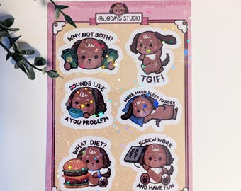 Cute Puppy Dog Funny Holographic Sticker Sheet, Poodle Sticker Sheet, Doodle Dog Sticker Sheet, Holographic Sticker Sheet, Funny Dog Sticker