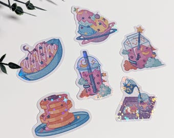 Galaxy Food Holographic Sticker, Bubble Tea sticker, Pancake Sticker, Ice Cream Sticker, Afternoon Tea Sticker, Juice Sticker, Takoyaki