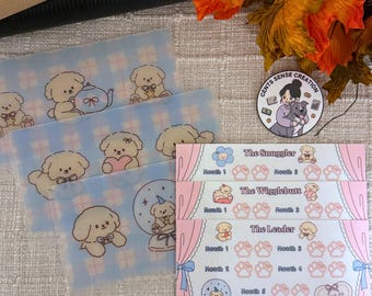 May include: A collection of pastel-colored cash envelopes and a sticker. The envelopes feature illustrations of cartoon dogs with various accessories on a light blue background. The sticker shows a person hugging a dog. Text on the envelopes includes "The Snuggler" and "The Wigglebutt."