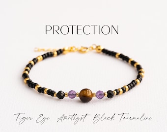 Tiger Eye Amethyst Black Tourmaline Bracelet: 24K Gold Sterling Silver Clasp