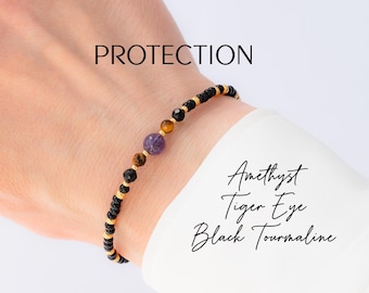 Protection Crystal Bracelet: Black Tourmaline, Tiger Eye & Amethyst