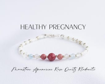 Gemstone Pregnancy Bracelet: Rhodonite, Rose Quartz, Aquamarine, Moonstone - Sterling Silver or Gold