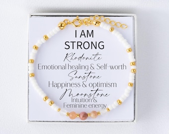 I AM STRONG Crystal Bracelet: Rhodonite, Sunstone & Moonstone Healing
