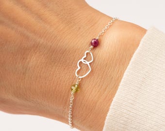 Sterling Silver Double Heart Birthstone Bracelet - Mother Daughter Gift