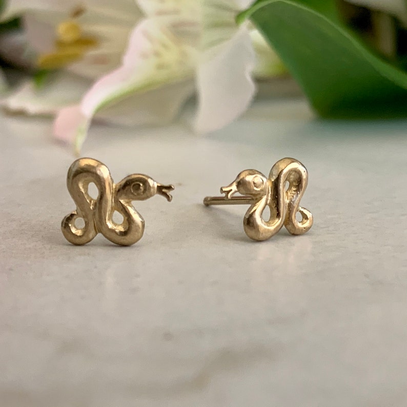 Yellow Gold Little Snake Stud Earrings with Tongues, 10k Yellow Snake Earrings, Tiny Snake Studs, Little Gold Snakes, Minimalist Snakes
