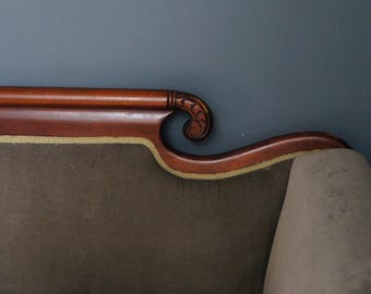 19th Century Tufted Green Velvet Sofa: Antique American Empire Mahogany Trim