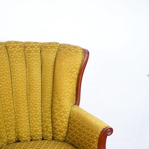 Beautiful Antique Embroidered Tufted Yellow Barrel High Back Accent Chair with Mahogany Wood Trim