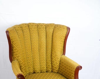 Antique Embroidered Yellow Barrel Chair: Tufted High Back, Mahogany Trim